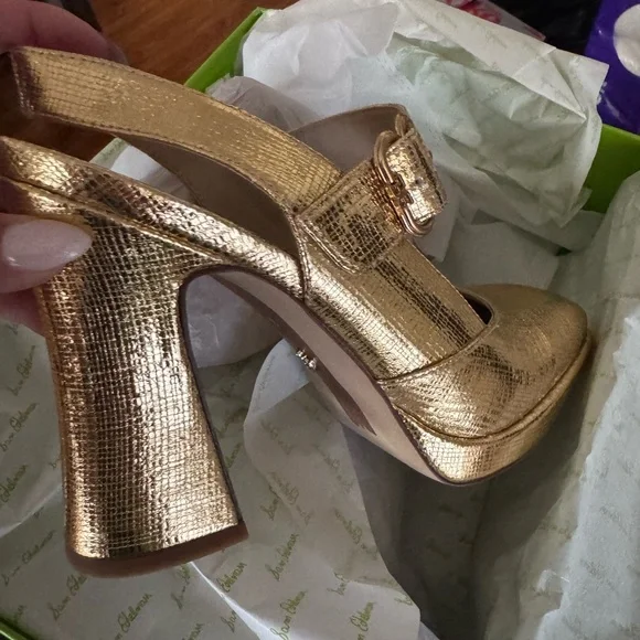 Sam Edelman Gold Textured Heels with Buckle - Picture 3 of 5